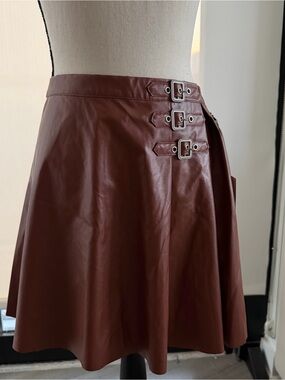 superdown Brown Faux Leather Skater Skirt with Triple Buckle Detail | NWT | Larg